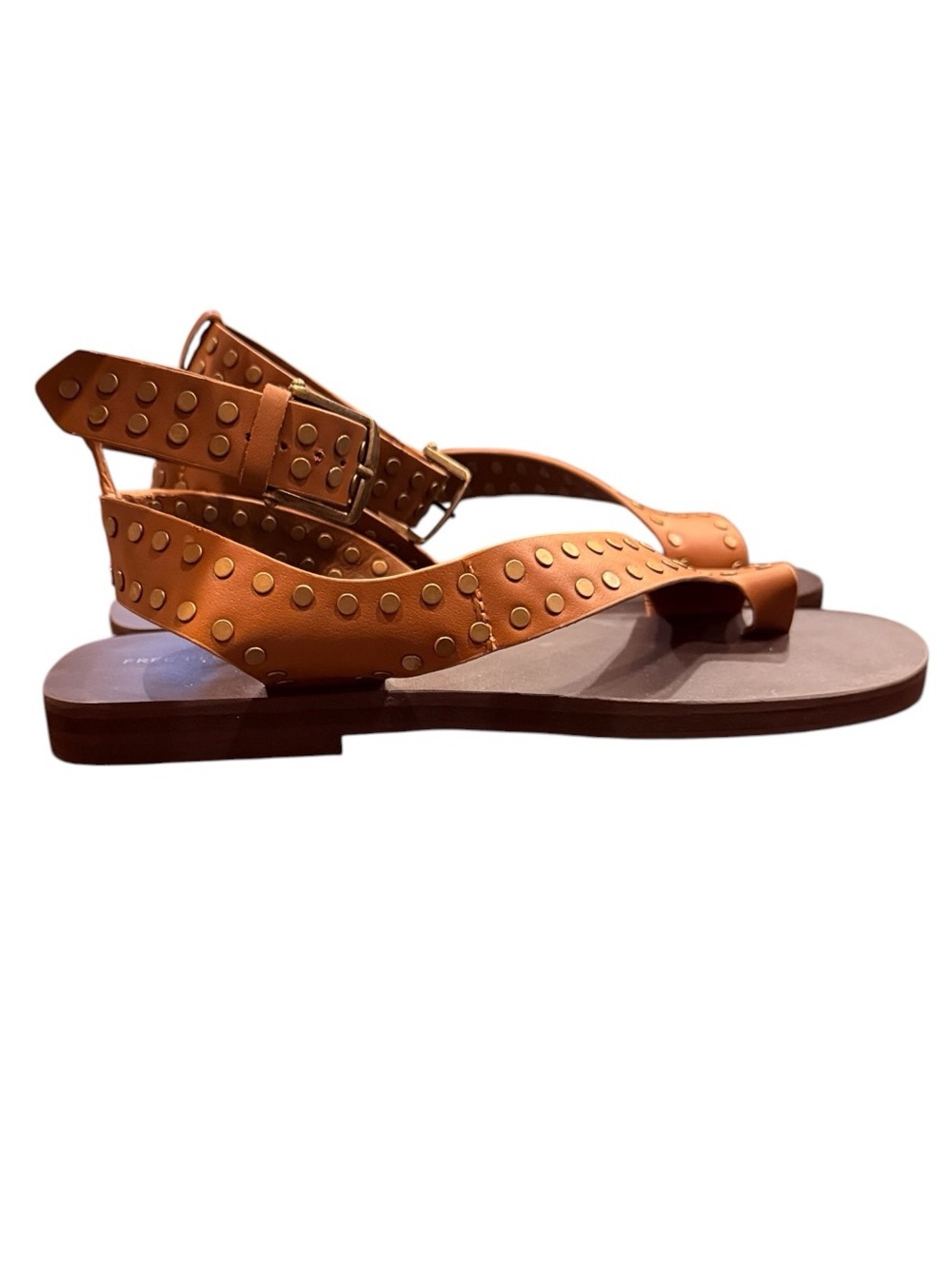 Free People Tan Studded Leather Toe-Loop Sandals